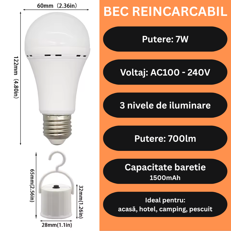 Bec LED de Urgență Reîncărcabil